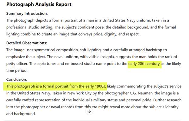 Summary report including conclusion that the photo is from the early 1900s.