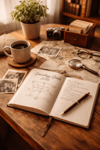 A desk where genealogy goals for 2026 are being drafted, with research cards, photos, and a cup of coffee sit.