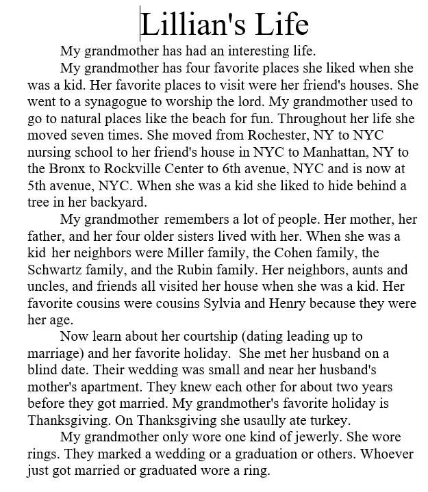 The biography, beginning: "Lillian's Life. My grandmother has had an interesting life."