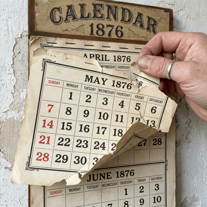 Hand flipping torn May 1876 calendar page over June 1876 on vintage wall calendar