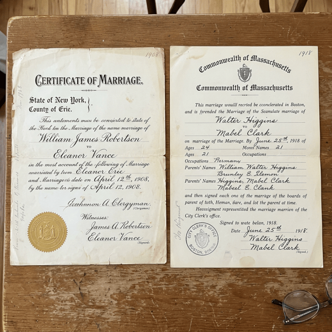Marriage certificates for William James Robertson and Eleanor Vance from 1908, and Walter Higgins and Mabel Clark from 1918
